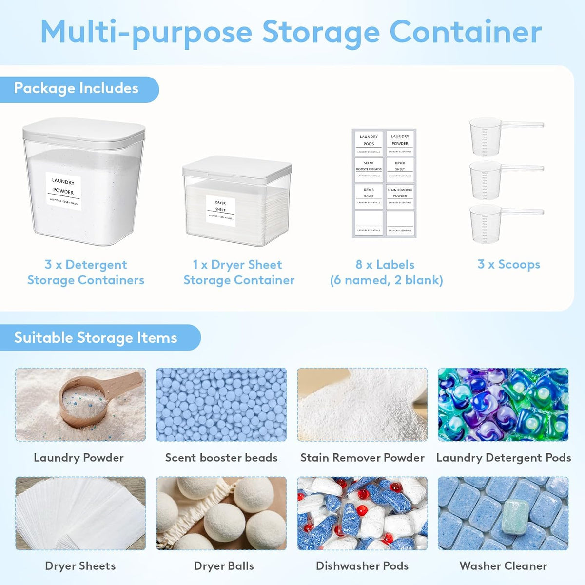 Lifewit Laundry Pods Container with Pop-up Lid, Laundry Room Organization, Dryer Sheet Holder for Washing Powder Scent Booster Beads, 2700 +2000ml/0.72+0.5gal,3 Pcs