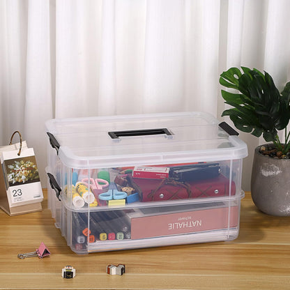 JUXYES 2-Tiers Stack Carry Storage Box With Handle, Transparent Stackable Storage Bin With Handle Lid Latching Storage Container for School & Office Supplies (Red)