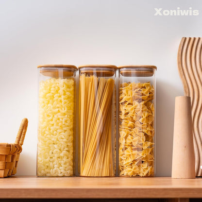 3-Pack 2.2Qt Square Glass Spaghetti Jars with Bamboo Lids, Tall Food Storage Containers for Pantry Organization, Elegant Kitchen Storage Canister for Pasta, Penne, Macaroni, Lasagna, Fusilli