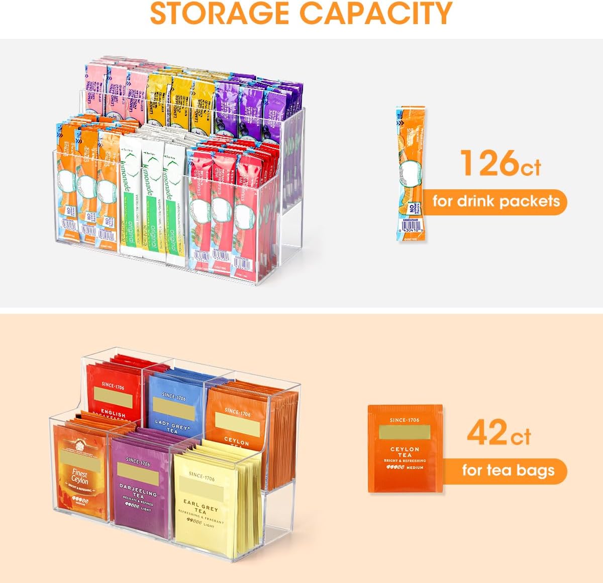 AIEVE Drink Packet Organizer, 2-Tier Water Flavor Packet Holder for Pantry Storage, Acrylic Drink Mix Organizer Hydration Powdered Mixes Holder Container for Cabinet Kitchen Storage