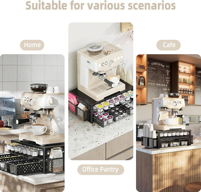 Ekisemio K Cup Organizer, Coffee Pod Holder for Counter with 2 Tier Sliding Storage Drawer & Hanging Baskets, Holds 63 Large or 80 Small Capsules for Coffee Bar, Black