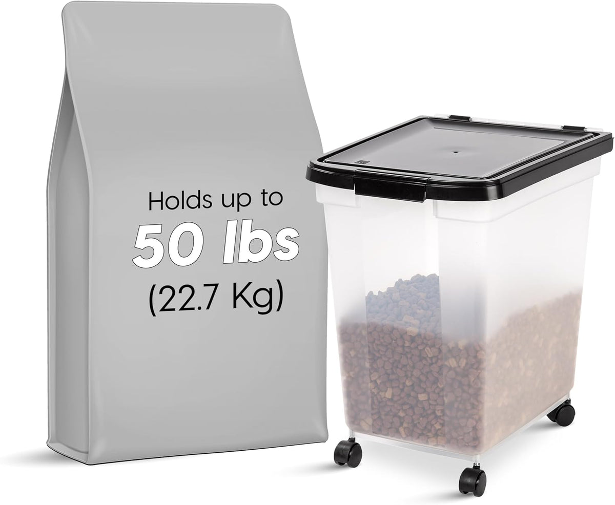IRIS USA Airtight Dog Food Storage Container, WeatherPro, Up to 50 lbs, Removable Wheels, for Dog Cat Bird and Other Pet Food Storage Bin, Keep Fresh, Translucent Body, Made in USA, Clear/Gray