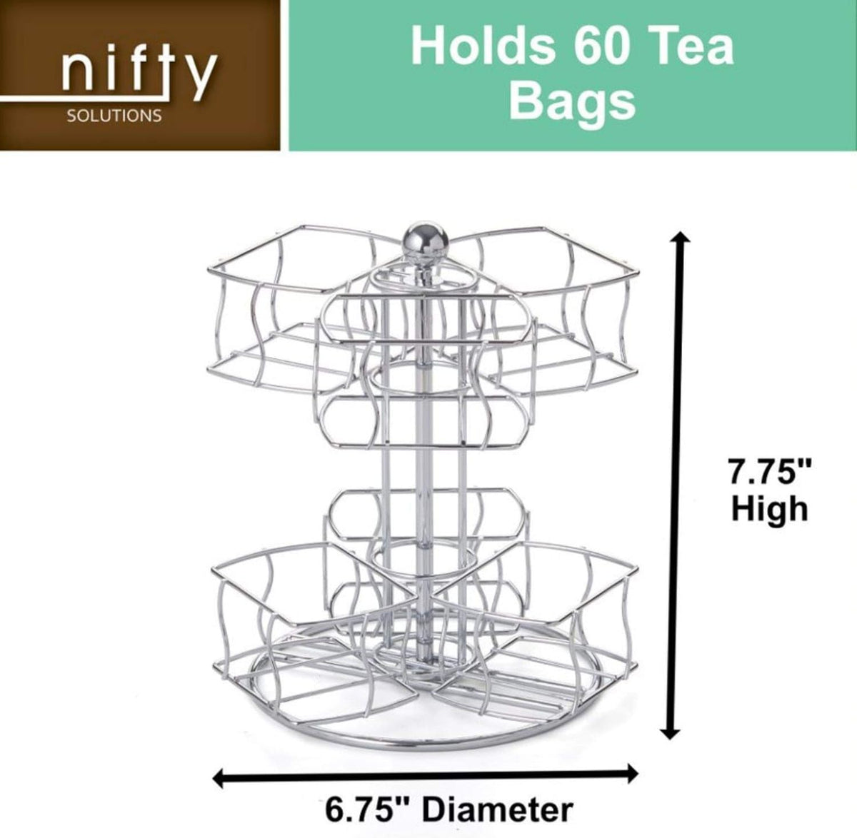 Nifty Tea Bag Spinning Carousel – 6 Compartments, Up to 60 Tea Bags Storage, Spins 360-Degrees, Lazy Susan Platform, Modern White Design, Home or Office Kitchen Counter Organizer
