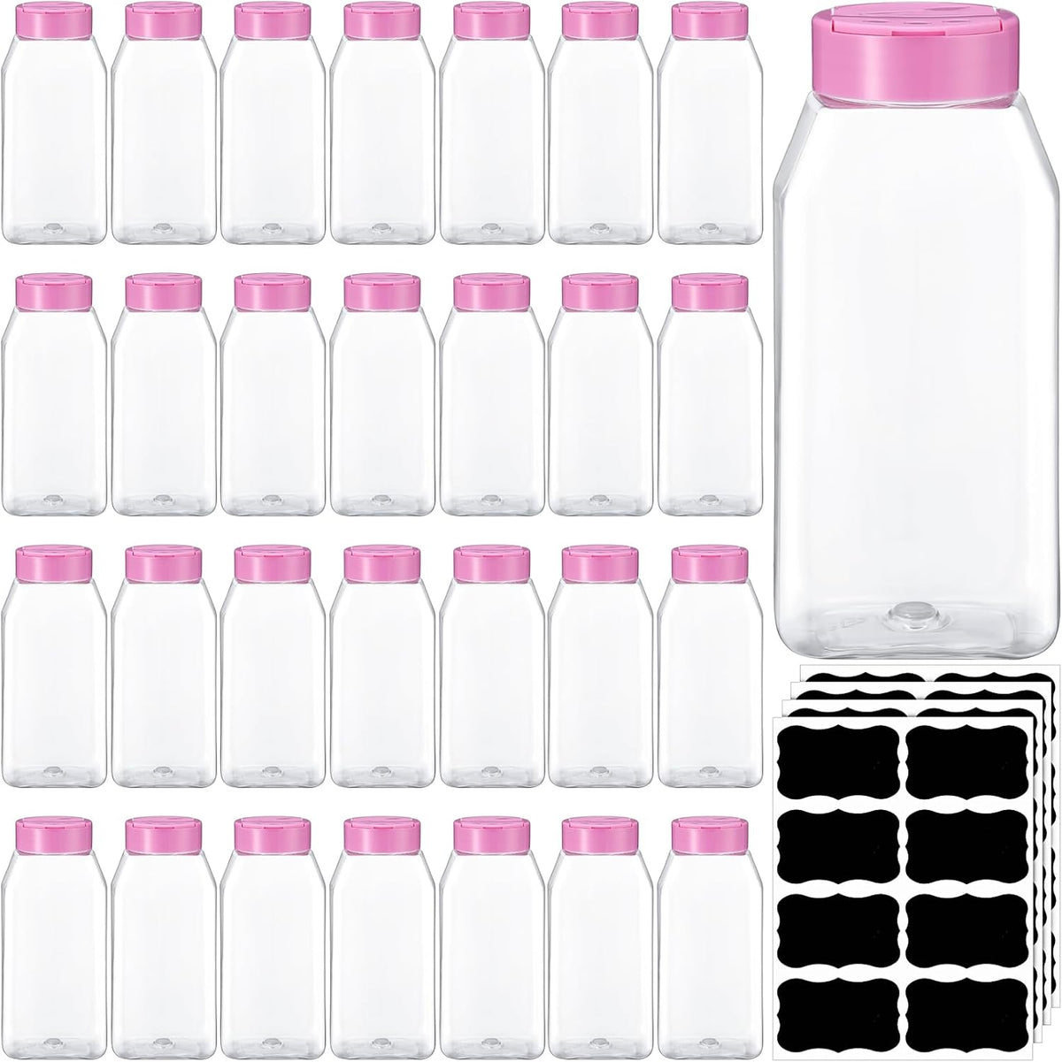 Mifoci 28 Pack 16 oz Plastic Spice Jars with Cap Square Plastic Bottle Containers with Shaker Lids and Stickers Large Seasoning Shaker Empty Powder Storage Container for Storing Salt Herbs (Black)