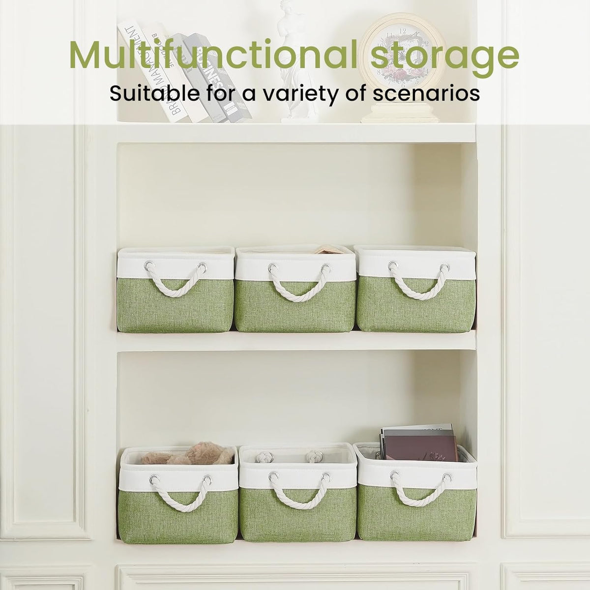 Large Storage Baskets- 15.7x11.8x8.26 inch Storage Bins for Shelves and Closet Organizing, Foldable Fabric Bin for Home Organization Clothes and Laundry (3-Pack, White&Khaki)
