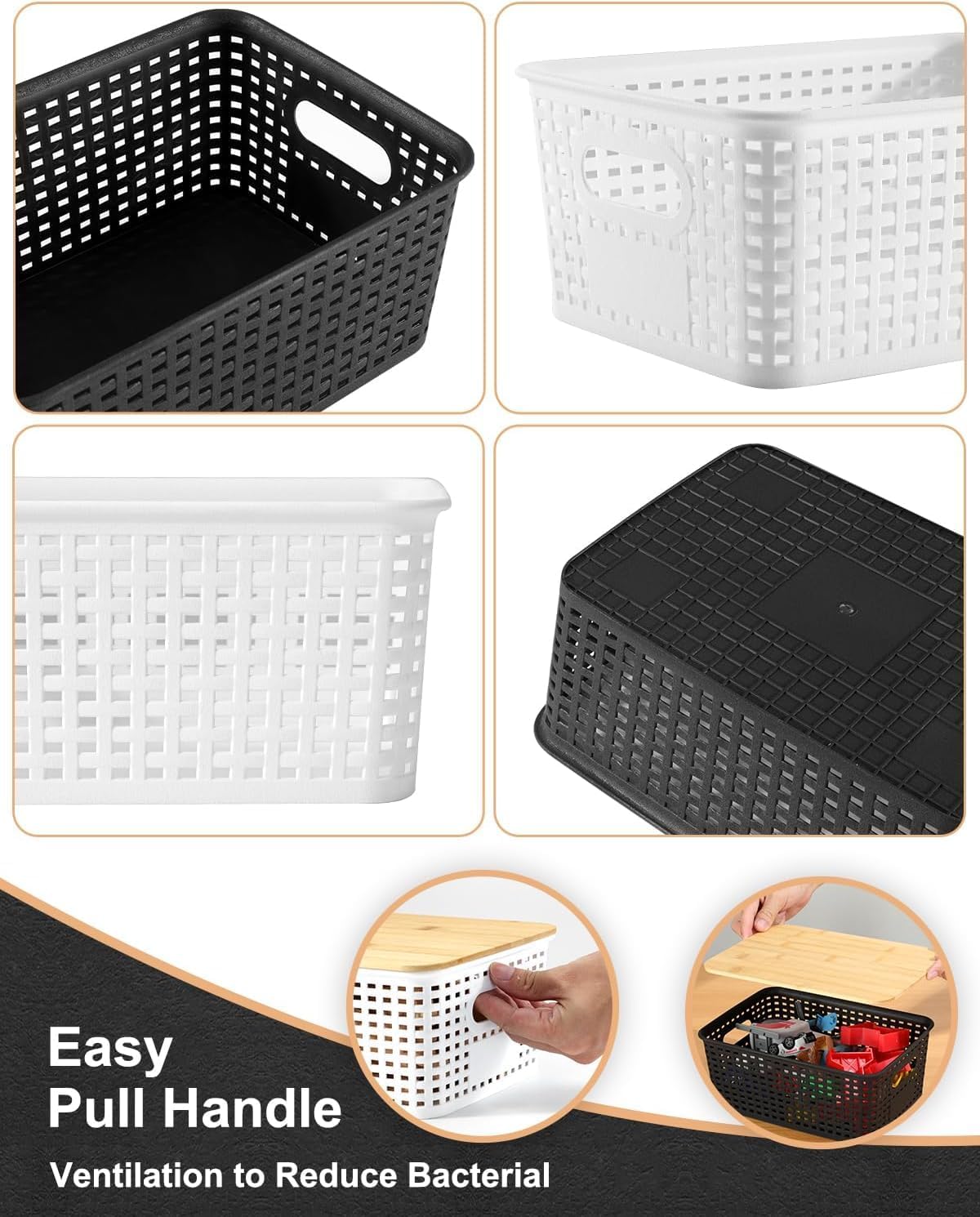 EOENVIVS Plastic Storage Baskets with Bamboo Lids for Pantry Organization and Storage Containers Bins for Shelves Drawers Desktop Closet Playroom Classroom Office Home, 6 Pack,White