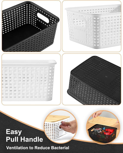 EOENVIVS Plastic Storage Baskets with Bamboo Lids for Pantry Organization and Storage Containers Bins for Shelves Drawers Desktop Closet Playroom Classroom Office Home, 6 Pack,White