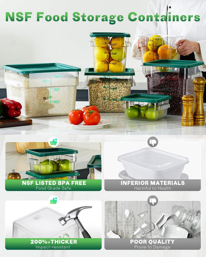 4QT NSF Food Storage Containers: 8 PCS [Food Grade][Hot&Cold Resistant] Commercial Clear Food Storage Containers with Lids for Restaurant Kitchen Proof Dough, Measuring Spoons Included(BPA FREE) - Colors A
