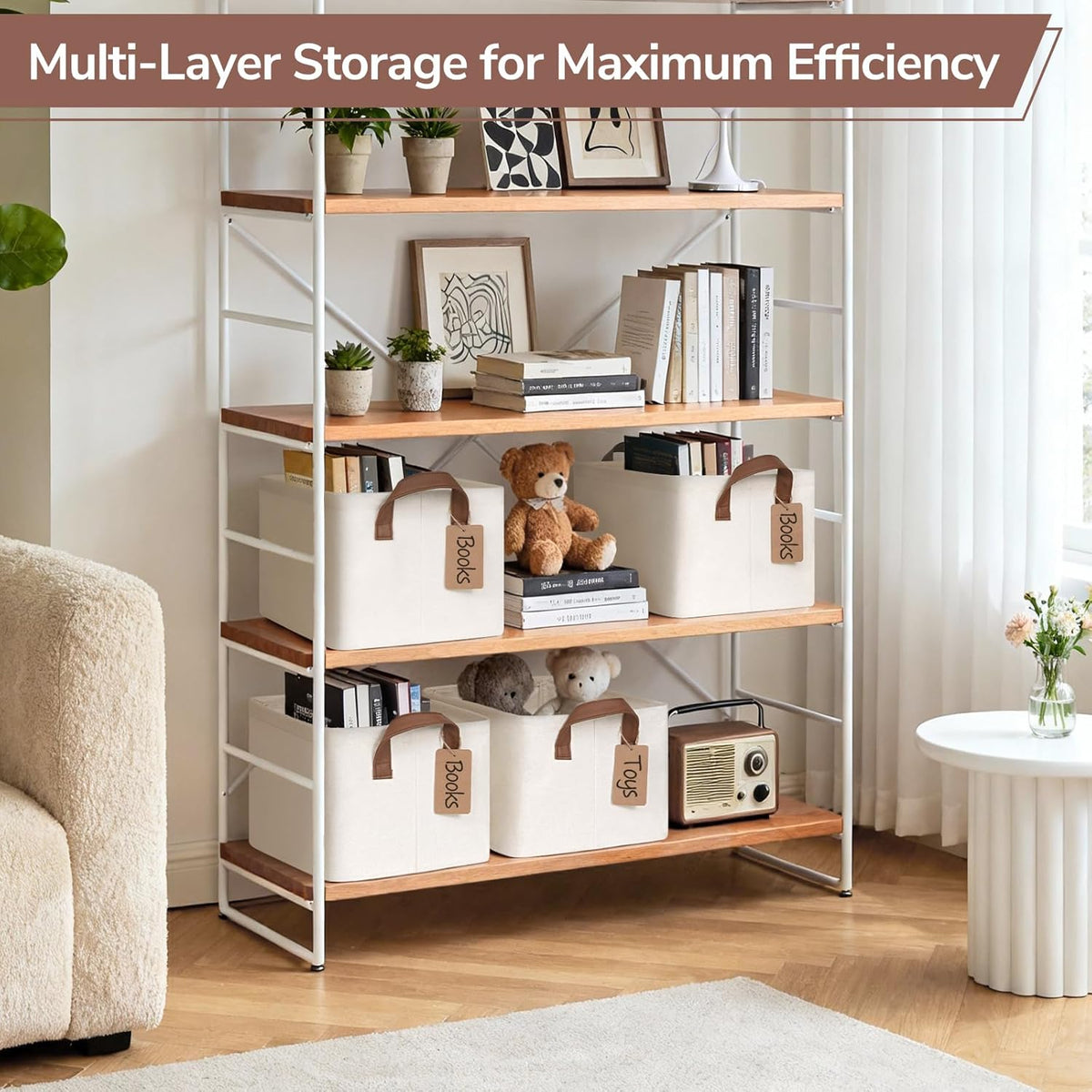 CHICVITA 4 Pack Large Storage Baskets for Shelves, Collapsible Closet Organizer Bins with Metal Frame, Fabric Storage Bins for Clothes Towels Organization, 16.8" x 11" x 9.8", Beige