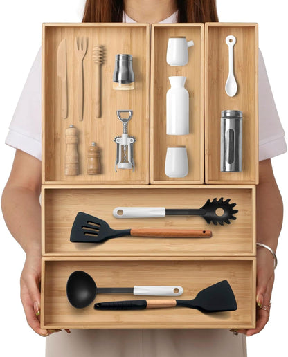 BAMOTTO CRAFTBAMBOO Stack Bamboo Drawer Organizer Set of 5, Kitchen Utensil, Flatware&Silverware Organizer-Wood Laminated Stackable for Kitchen, Bedroom, 13.4''x4.5''*2+10.2''x3.3''*2+10.2''x6.7''*1
