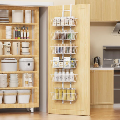 10 Tier Over the Door Pantry Organizer, Over the Door Spice Rack with Adjustable Baskets, Metal Hanging Door Pantry Organizers and Storage for Kitchen Bathroom Bedroom, White