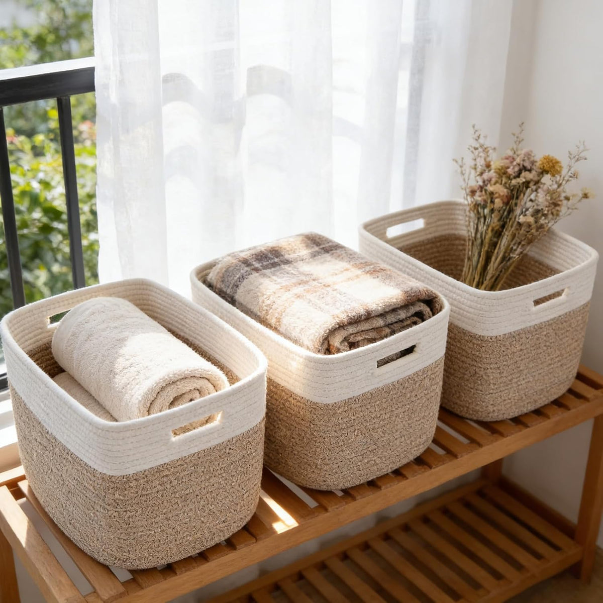 3 Pack Woven Rope Storage Baskets for Shelves,13.5"×11"×9.5" Storage Bins with Handles,Empty Gift Baskets,Nursery Organizer for Toys,Towels,Books,Closet,Living Room,Bedroom (White & Brown)