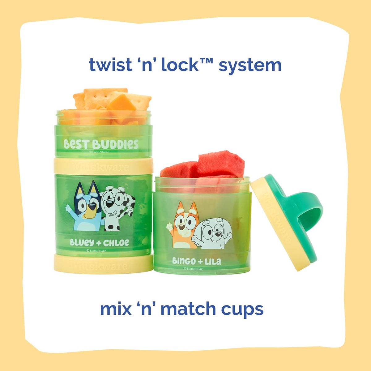 Whiskware Bluey Stackable Snack Containers for Babies, Toddlers, and Kids, 3 Stackable Snack Cups for School and Travel, Cupholder Friendly, Bluey and Bingo! Let’s Do This!