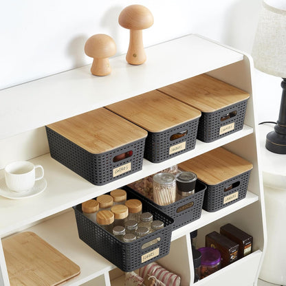 Bagnizer Small Plastic Storage Bins with Bamboo Lids 5.2qt Stackable Box Basket Pantry Decorative Containers Cute with Labels for Organizing Desktop Closet Office Cream White of 10*7.2*4.1"