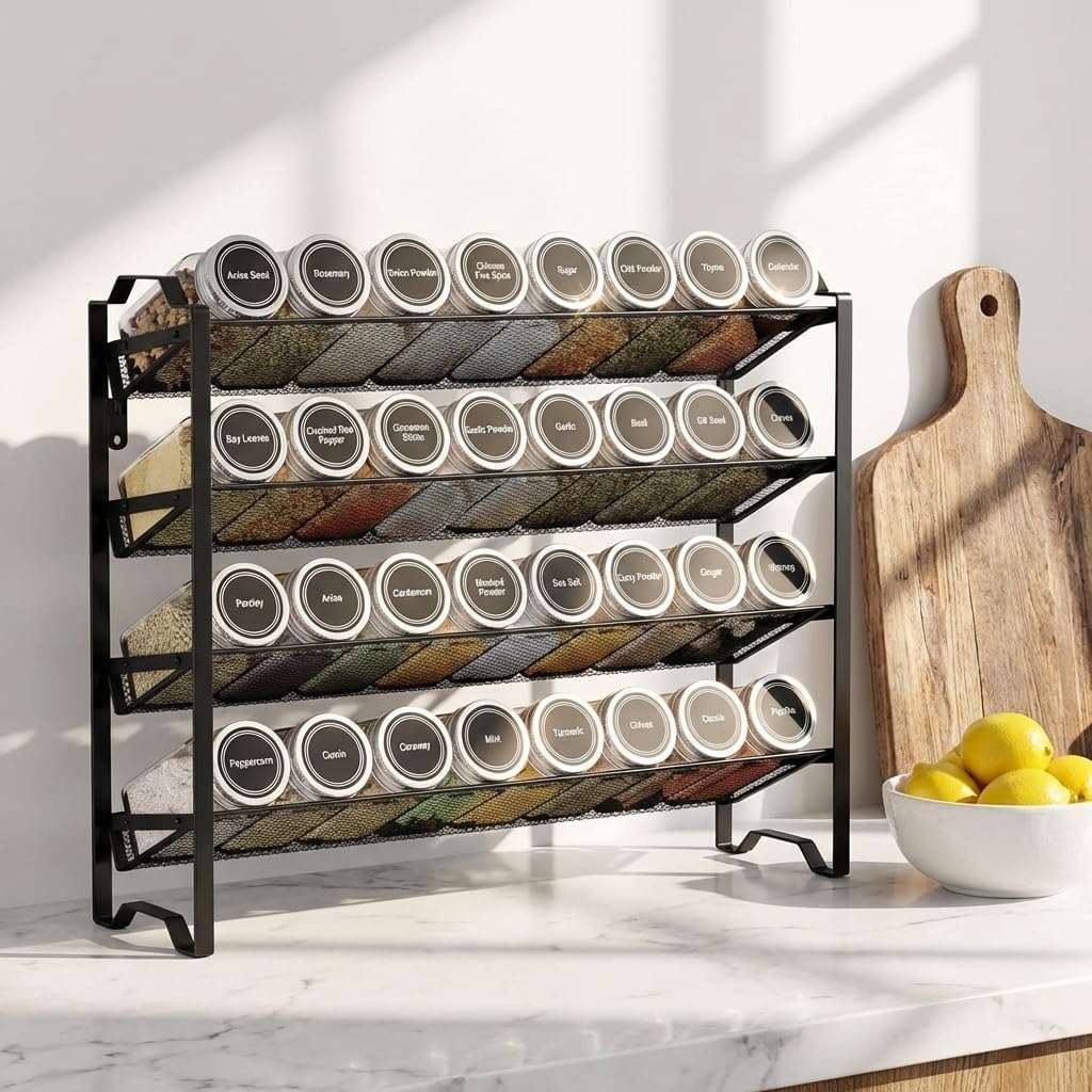 Simple Trending 4 Tier Spice Rack Organizer,Stackable Kitchen Counter Shelves,for Cabinet,Countertop,Pantry, Door or Wall Mount, Metal Mesh,Jars not Included, Black