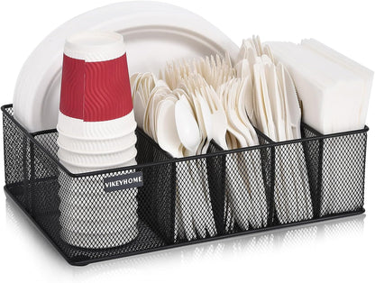 VIKEYHOME Paper Plate Organizer for Countertop, Metal Silverware Caddy with 6 Compartments for Cup, Napkin, Utensil Holder Caddy for Party, Camping, Picnic