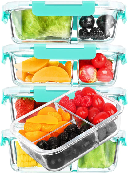 M MCIRCO [5-Pack, 36 oz] Glass Meal Prep Containers 3 Compartment with Lids, Glass Lunch Containers,Food Prep Lunch Box,Bento Box,Microwave, Oven, Freezer, Dishwasher (4.5 Cups)