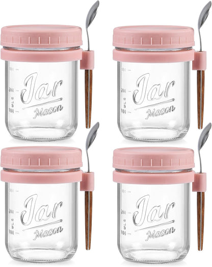 4 Pack Overnight Oats Containers with Lids and Spoons, 16 oz Glass Mason Jars with Airtight Lids, Overnight Oats Jars for Milk, Cereal, Fruit