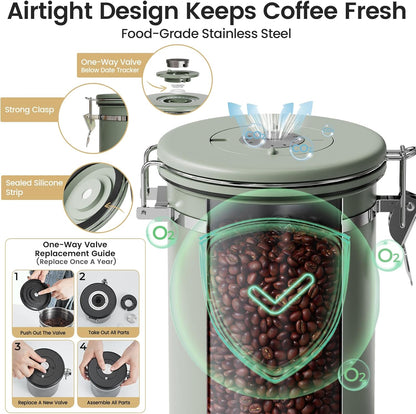 Veken Coffee Canister with Window, Family Choice Awards Winner, Airtight Stainless Steel Home Kitchen Food Storage Container with Lids for Grounds, Beans, Tea, Flour,Cereal,Sugar Jars,Scoop,16OZ,Black