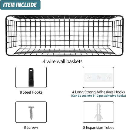 4 Set [EXTRA LARGE] Hanging Wall Mount Storage Baskets with Adhesive Hooks & Steel Hooks, Multiuse Sturdy Wire Metal Organizing Baskets for Home Kitchen Bathroom Pantry Utility Organizer, Black