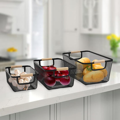 Potato and Onion Storage Bin, 2 Set Potato Bin Storage and Onion Container with Wooden Handle, Pantry Kitchen Organization and Storage, Metal Mesh Baskets for Fruit, Vegetable, Produce-Black