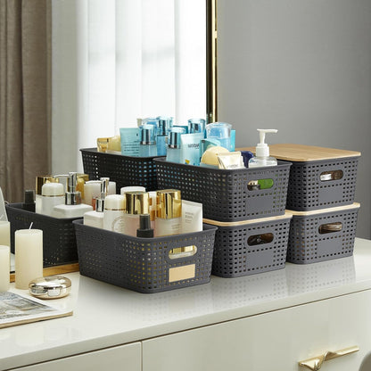 Bagnizer Small Plastic Storage Bins with Bamboo Lids 5.2qt Stackable Box Basket Pantry Decorative Containers Cute with Labels for Organizing Desktop Closet Office Cream White of 10*7.2*4.1"