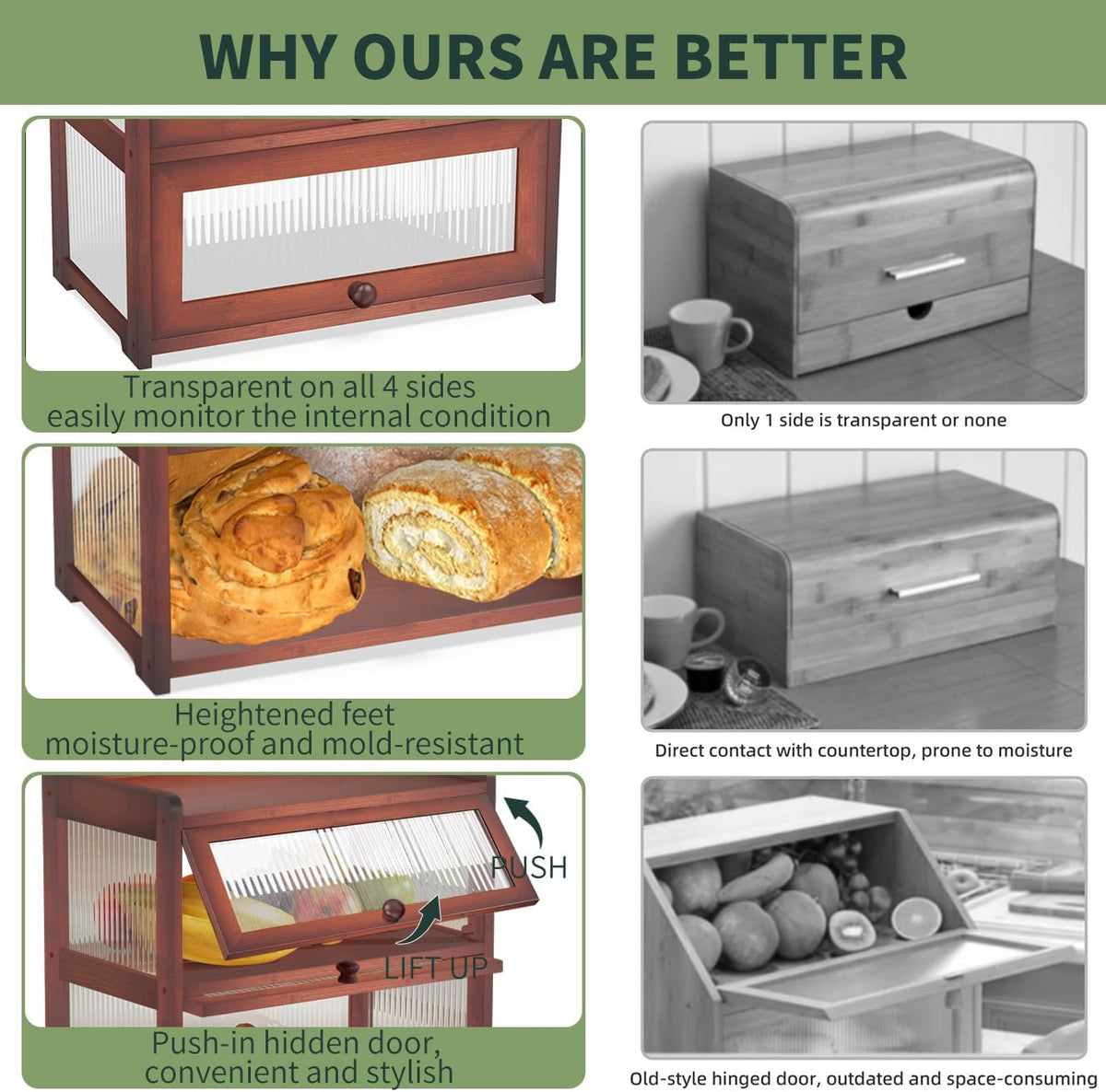 BAMBANG Bamboo Bread Box for Kitchen Countertop, Extra Large Farmhouse Bread Box with 4-Side Clear Panels, Wooden Bread Storage Container for Homemade Bread, Natural