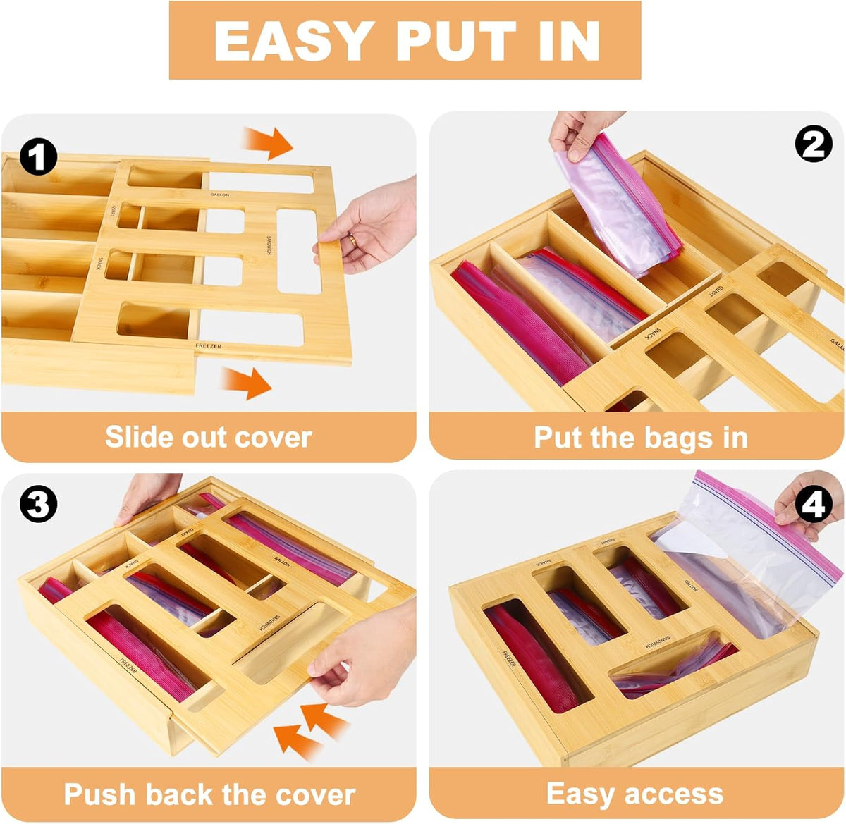 Bag Storage Organizer Compatible with Ziploc | Gallon, Quart, Sandwich & Snack Sized Slider Bags,Bamboo Organizer For Drawer,13.7"L*11.8H"*3.1W"