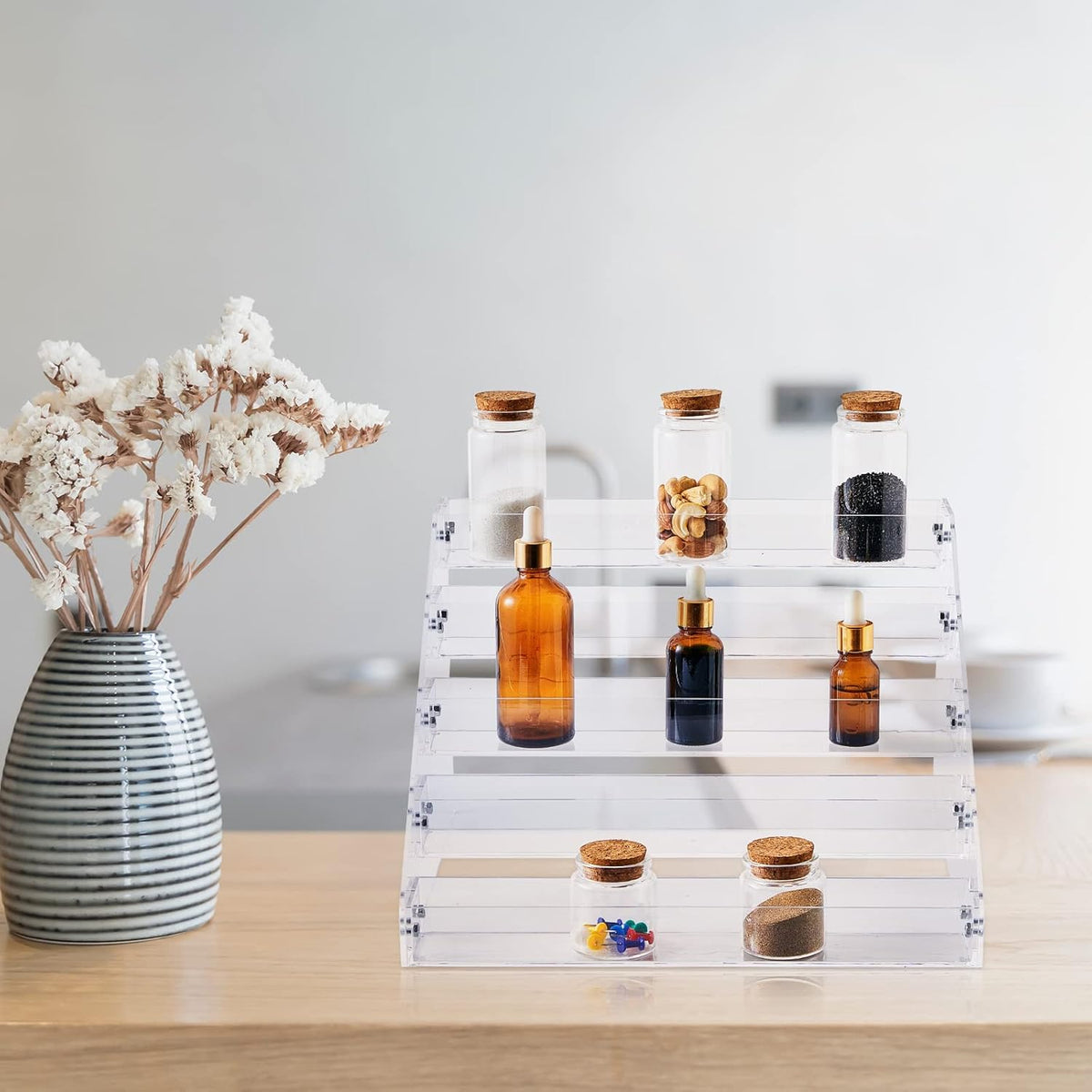 2 Pcs Acrylic Tiered Spice Rack Organizer 5 Tier Vertical Seasoning Organizer Clear Spice Shelf Tiered Pantry Shelves for Cabinet Kitchen Countertop Storage Organization Display, 12.2 x 10.6 x 7.8 In