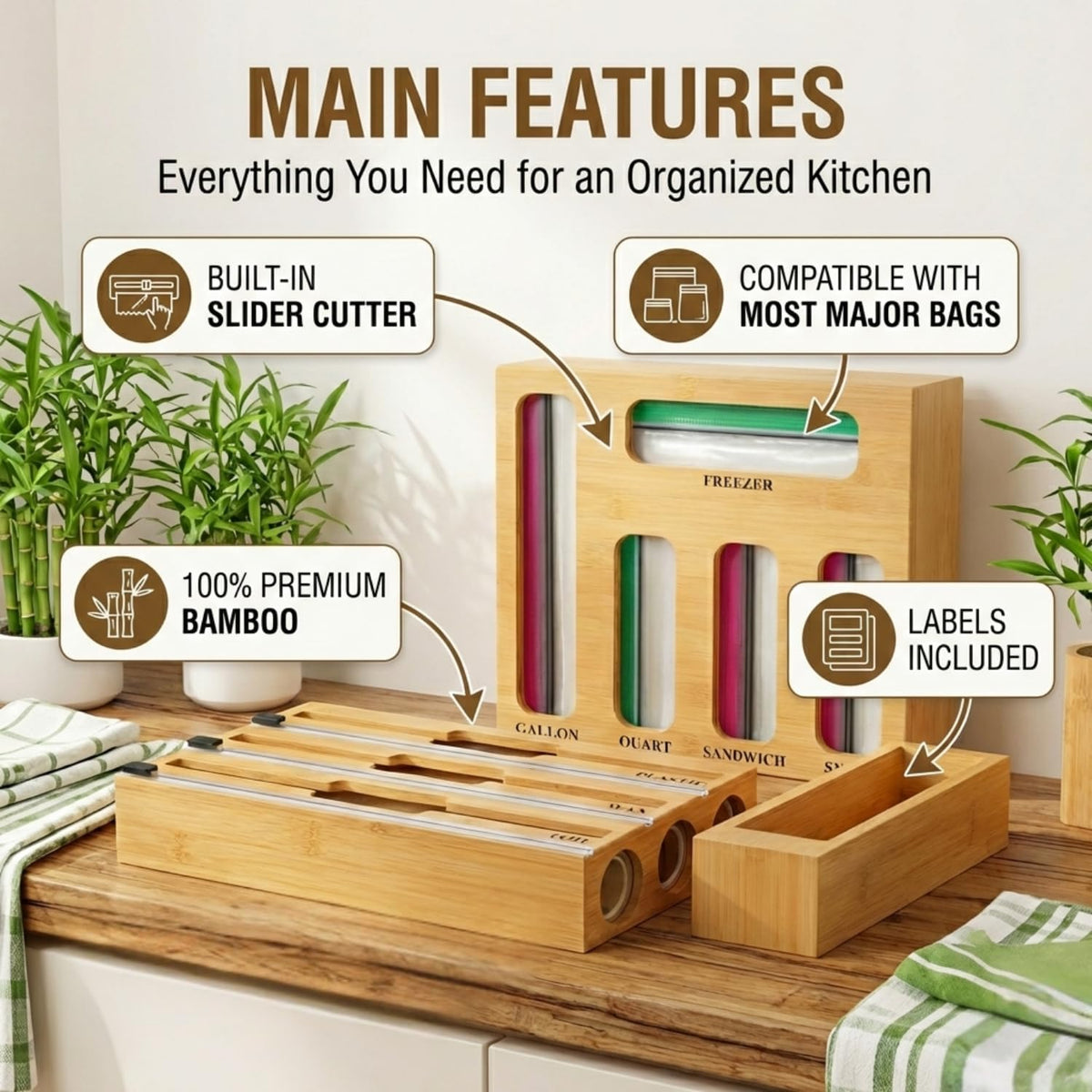 9 in 1 Storage Bag Organizer for Kitchen Drawer,Bamboo Foil and Plastic Wrap Dispenser with Cutter, Organizers Compatible Gallon, Quart, Sandwich Snack
