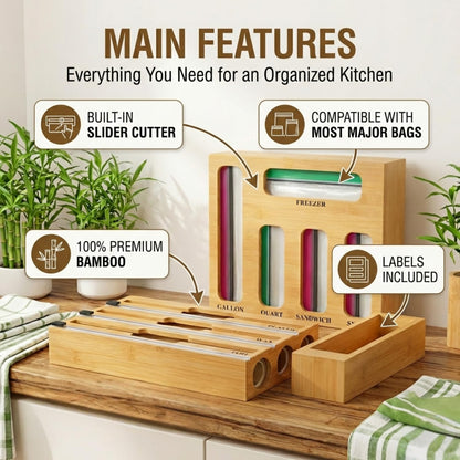 9 in 1 Storage Bag Organizer for Kitchen Drawer,Bamboo Foil and Plastic Wrap Dispenser with Cutter, Organizers Compatible Gallon, Quart, Sandwich Snack