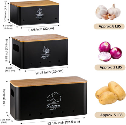Potato Onion and Garlic Storage Bin Set of 3, Black Metal Kitchen Vegetable Canisters with Bamboo Lid and Aerating Holes, Stackable Kitchen Storage Tin for Countertop Pantry