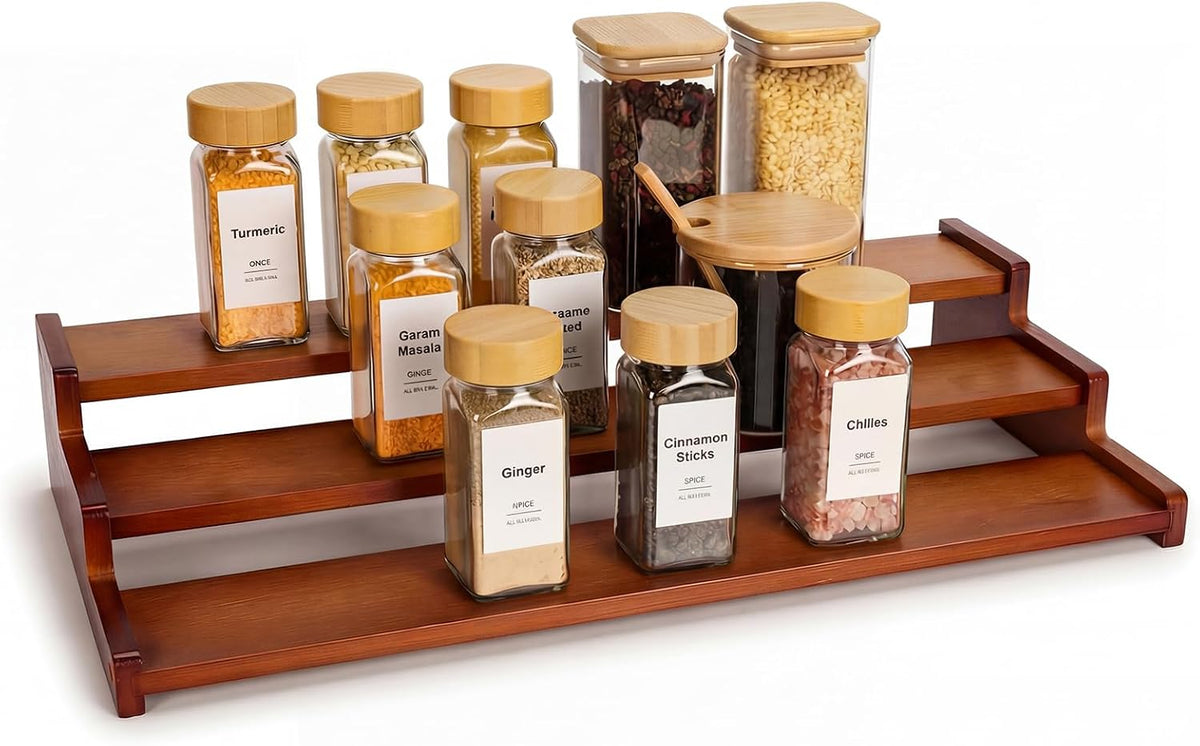 Spice Rack Organizer for Cabinet, 18in Bamboo Tiered Spice Rack，Used for Kitchen Countertops and Food Storage Room Organizer，Specially Designed for Jars and Spice Bottles(Bamboo, L)