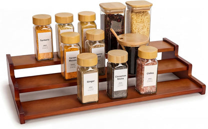 Spice Rack Organizer for Cabinet, 18in Bamboo Tiered Spice Rack，Used for Kitchen Countertops and Food Storage Room Organizer，Specially Designed for Jars and Spice Bottles(Bamboo, L)