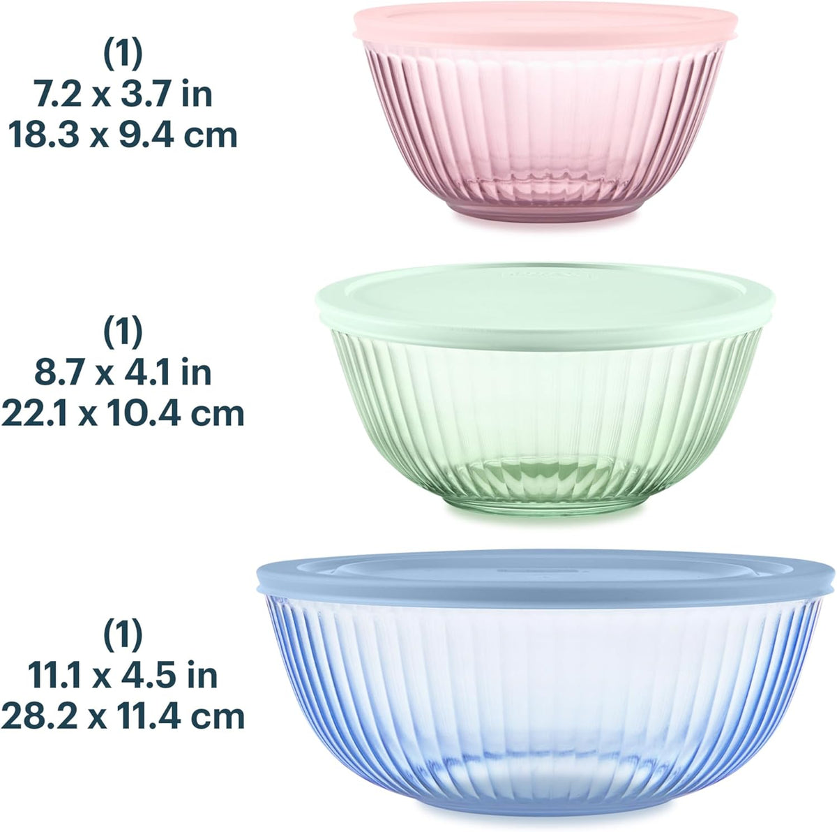 Pyrex Colors Tinted (Full Set) Sculpted Tinted Glass Mixing Bowls With Plastic Lids, Nesting Space Saving Set of Bowls For Prepping and Baking, 1.3QT, 2.3QT & 4.5QT