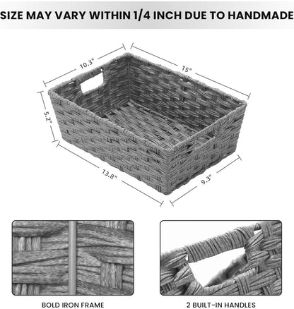 Onlytak Large Wicker Storage Basket, Metal Frame, Set of 2, Washable Waterproof, 15" x 10.3" x 5.2", Brown Color, Woven Basket for Pantry, Toilet, Bathroom, Bedroom, Patio