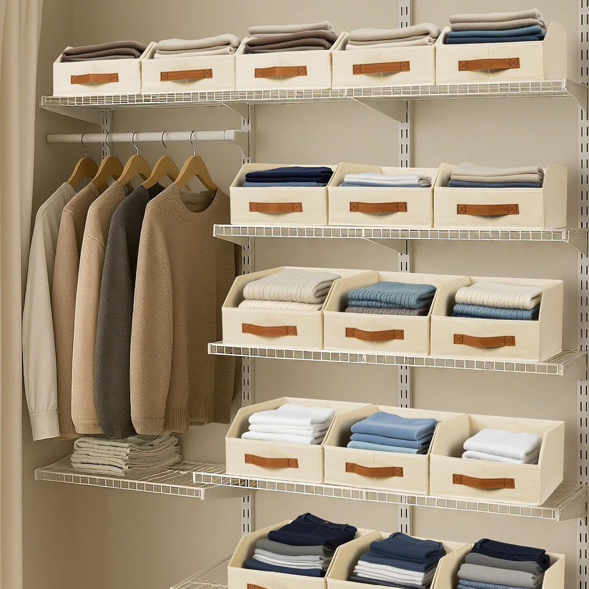 Homsorout Fabric Storage Bins for Organizing - Large Trapezoid Collapsible Storage Bins with Front Handle, Closet Organizers and Storage for Bedroom, Home Shelves, Small Spaces, Beige