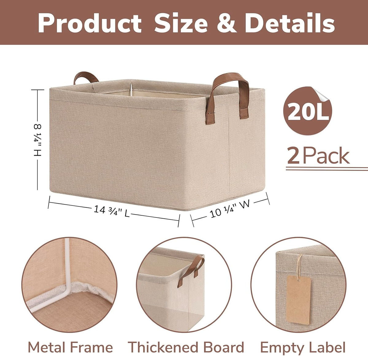 CHICVITA Large Storage Baskets for Shelves, Fabric Storage Bins with Metal Frame, Closet Organizers and Storage Boxes for Clothes Toy, Beige