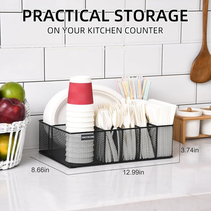 VIKEYHOME Paper Plate Organizer for Countertop, Metal Silverware Caddy with 6 Compartments for Cup, Napkin, Utensil Holder Caddy for Party, Camping, Picnic