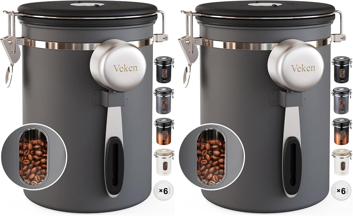 Veken Coffee Canister with Window, Family Choice Awards Winner, Airtight Stainless Steel Home Kitchen Food Storage Container with Lids for Grounds, Beans, Tea, Flour,Cereal,Sugar Jars,Scoop,16OZ,Black