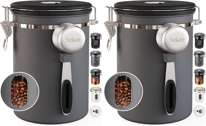 Veken Coffee Canister with Window, Family Choice Awards Winner, Airtight Stainless Steel Home Kitchen Food Storage Container with Lids for Grounds, Beans, Tea, Flour,Cereal,Sugar Jars,Scoop,16OZ,Black