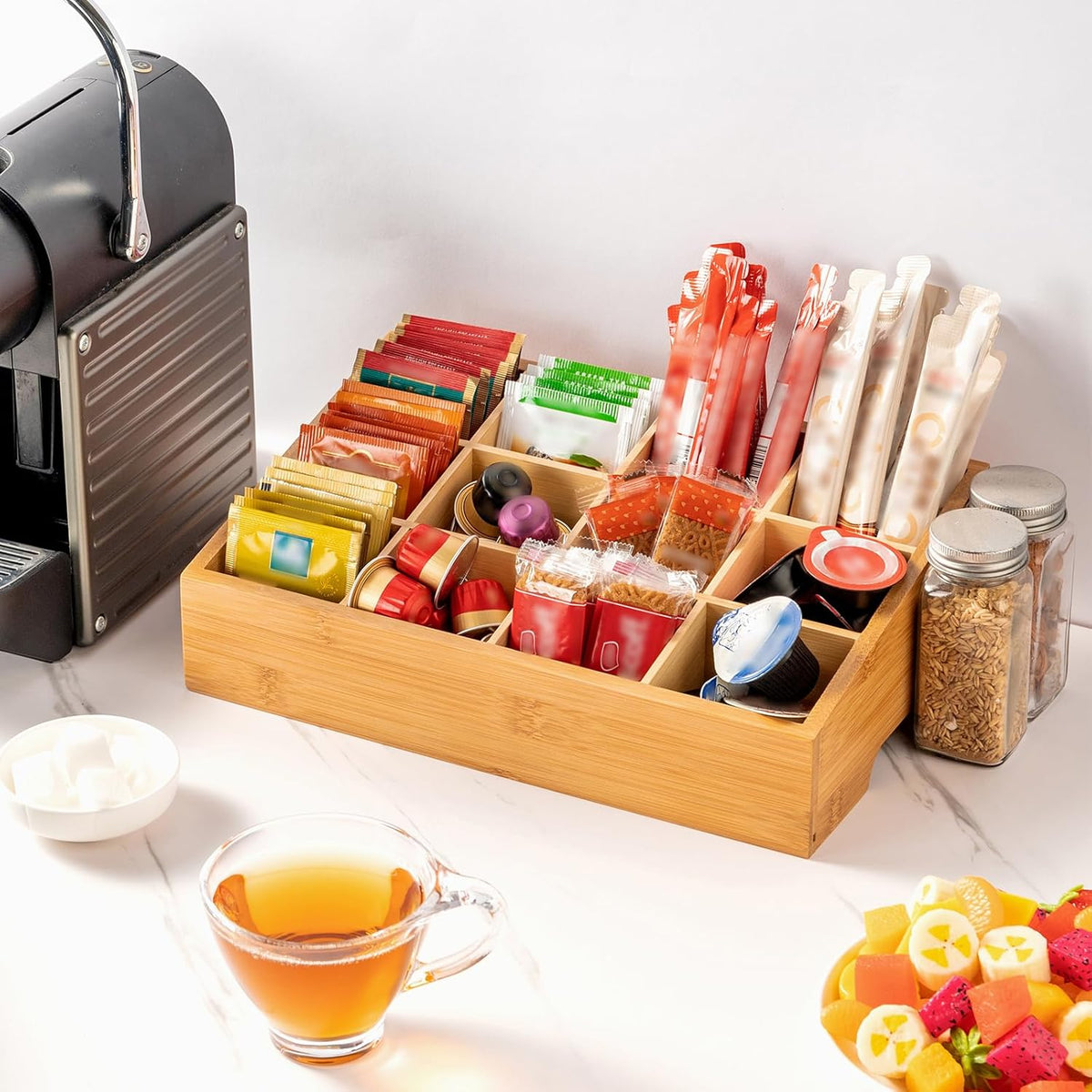 TIMIEEYA Tea Bag Organizer - Bamboo Tea Storage Organizer With Drawer 2 Layer, Tea Organizer for Tea Bags Natural Wood & Acrylic for Countertop Office Kitchen Cabinet Pantry