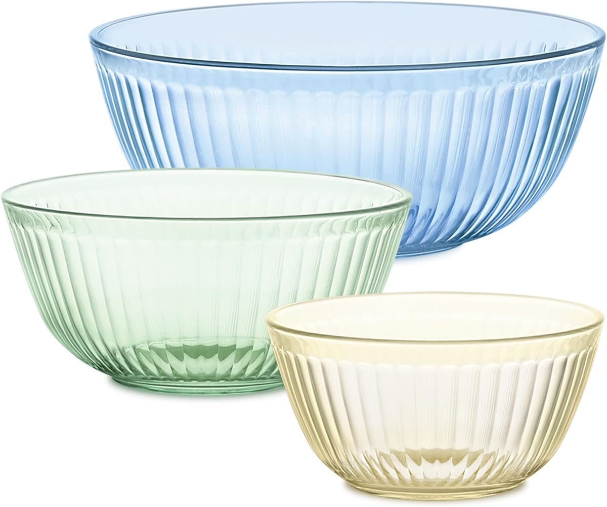 Pyrex Colors Tinted (Full Set) Sculpted Tinted Glass Mixing Bowls With Plastic Lids, Nesting Space Saving Set of Bowls For Prepping and Baking, 1.3QT, 2.3QT & 4.5QT