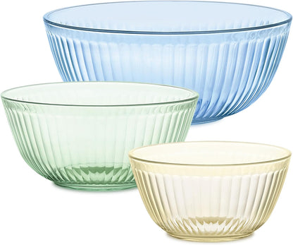 Pyrex Colors Tinted (Full Set) Sculpted Tinted Glass Mixing Bowls With Plastic Lids, Nesting Space Saving Set of Bowls For Prepping and Baking, 1.3QT, 2.3QT & 4.5QT