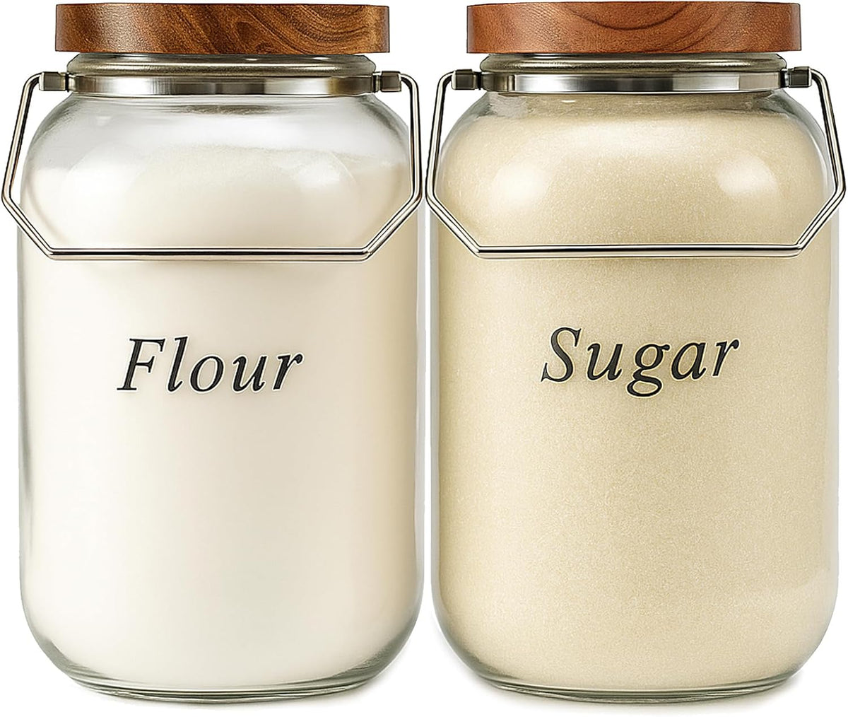 2 Pack Glass Flour Sugar Storage Containers with Handle, 1 Gallon Glass Jars with Airtight Lid, Wide Mouth Large Mason Jars 128oz for Rice, Pasta, Oats, Coffee Storage