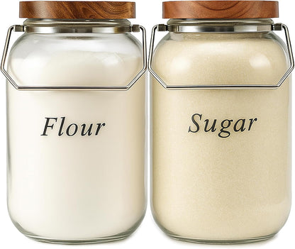2 Pack Glass Flour Sugar Storage Containers with Handle, 1 Gallon Glass Jars with Airtight Lid, Wide Mouth Large Mason Jars 128oz for Rice, Pasta, Oats, Coffee Storage