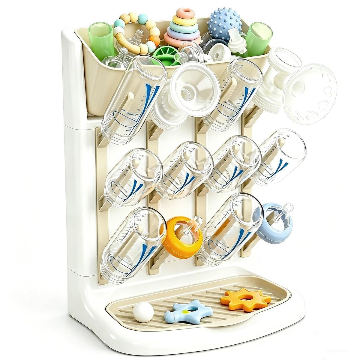 GoMaihe Baby Bottle Drying Rack: Space Saving Vertical Bottle Dryer Holder - Newborn Accessories Storage Stand Organize Brushes Pacifiers on Countertop - BPA-Free - Gray