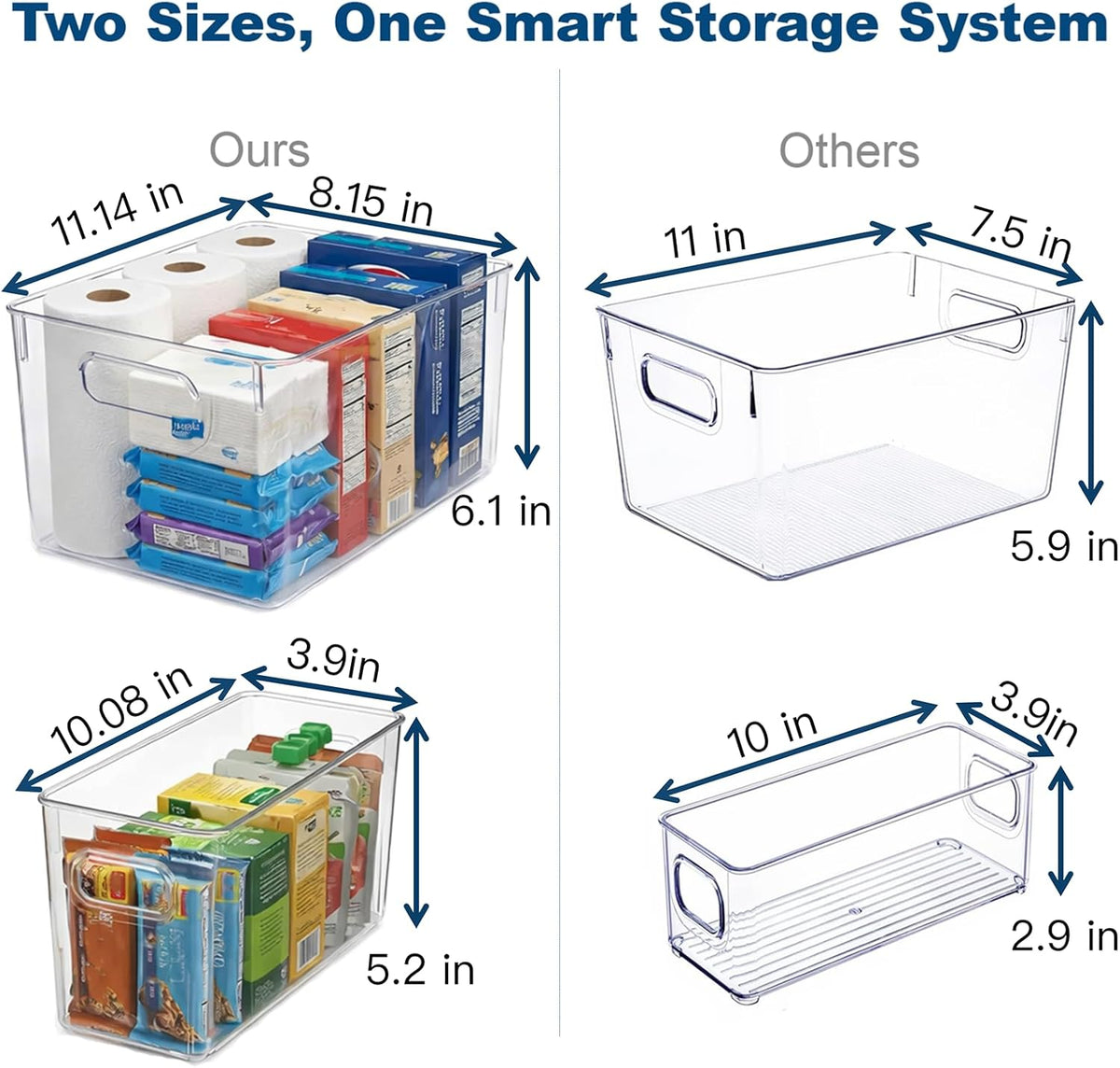 MOONEDGE Set of 4 Clear Plastic Organizer Bins, 2 Large & 2 Small Storage Bins for Pantry, Nestable Space-Saving Containers for Cabinets, Under-Sink, Bathroom, Kitchen & Freezer Organization