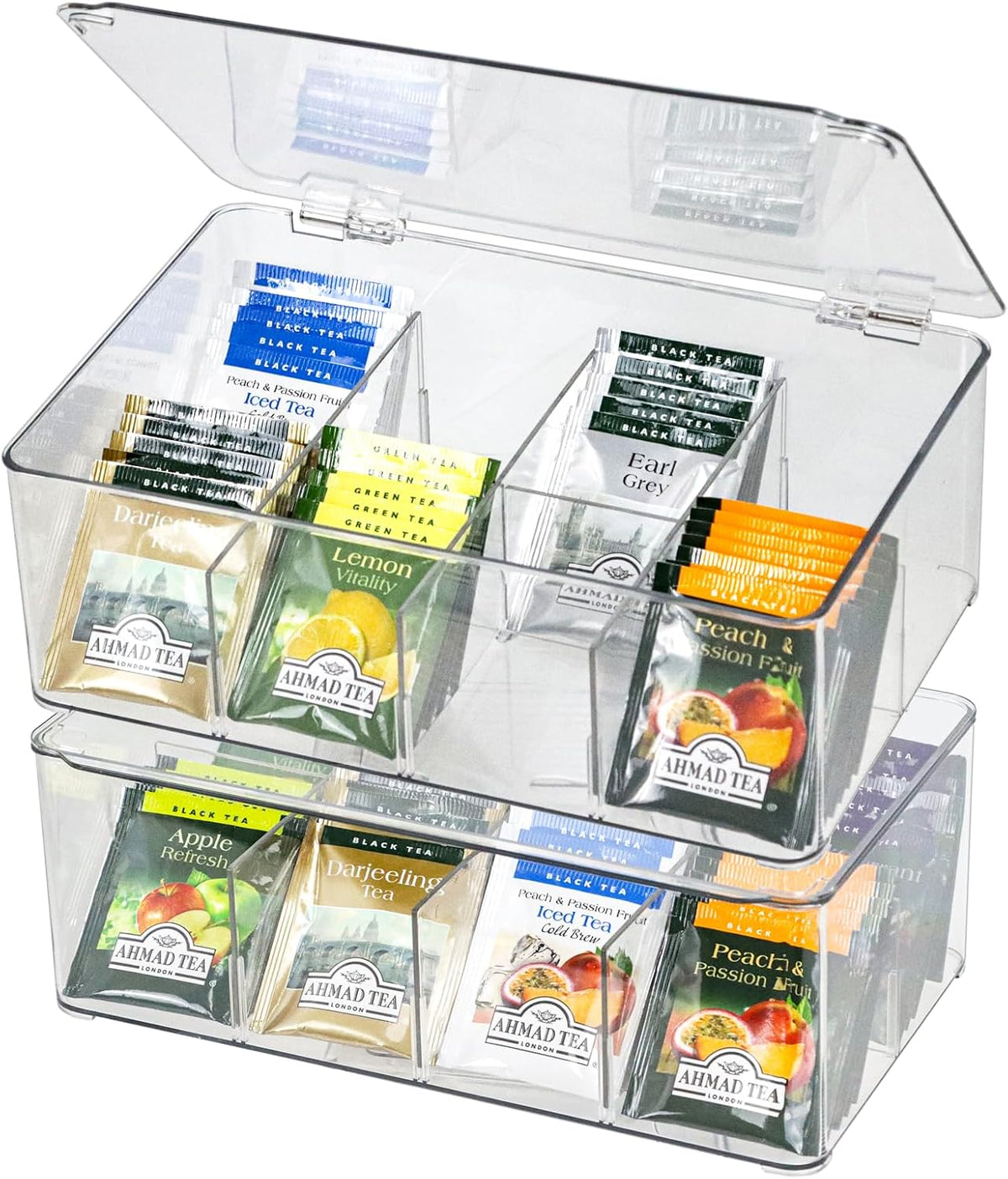 ZEXALOR Plastic Clear Storage Containers, Set of 2 Tea Bag Organizer Boxes 8 Compartments with Lids, Underwear Tie Drawer Organizer, Dresser Organizer (10.8×7×3.7")