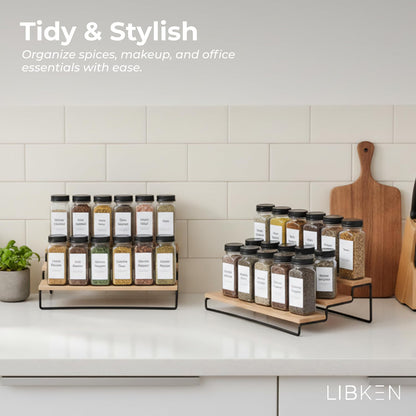 LIBKEN Tiered Spice Rack Organizer – Warm Gray Metal Countertop & Cabinet Spice Stand, Strong & Sturdy 3-Tier Shelf for Kitchen, Pantry, Seasoning Bottles – Minimal Scandinavian Design